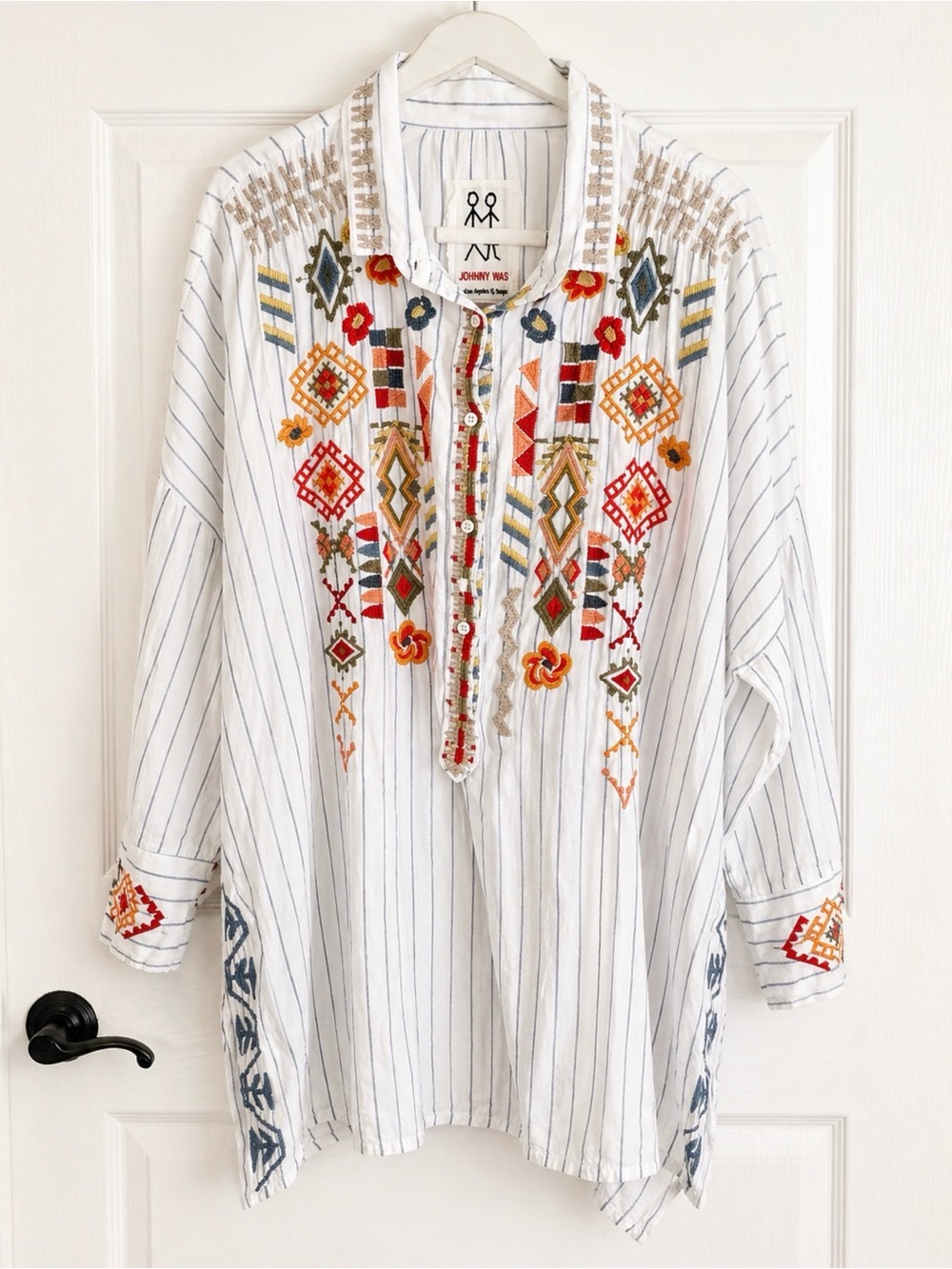 Johnny Was XXL Embroidered Boho Peasant Top Tunic Striped Floral Festival - Picture 2 of 7